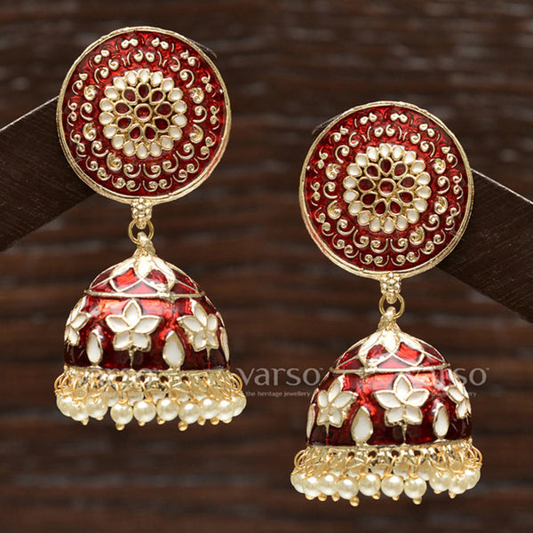 Varso Classy Design Maroon Meenaakri And Kundan Jhumki Earrings