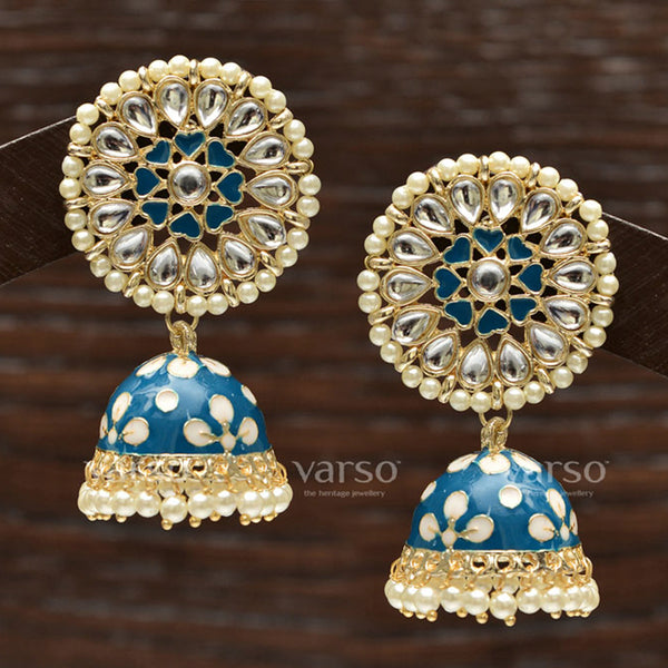 Varso Classy Design Blue Meenaakri And Kundan Jhumki Earrings