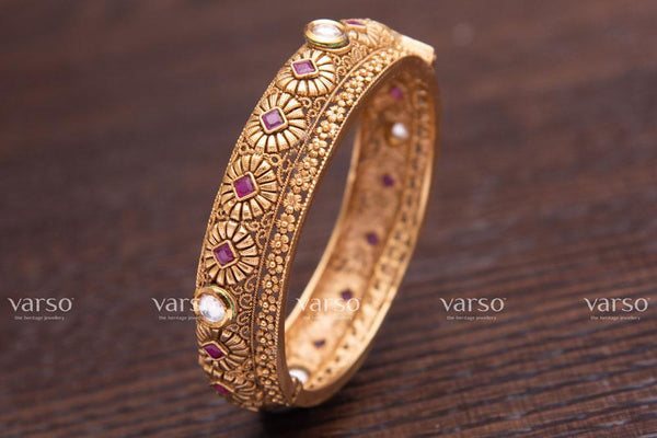 Varso Ruby & Kundan Gold Antique Brass Alloy Kada -215022