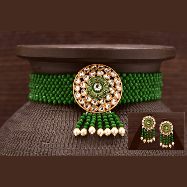 Varso  Gold Plated Kundan Stone & Beads Choker Necklace Set