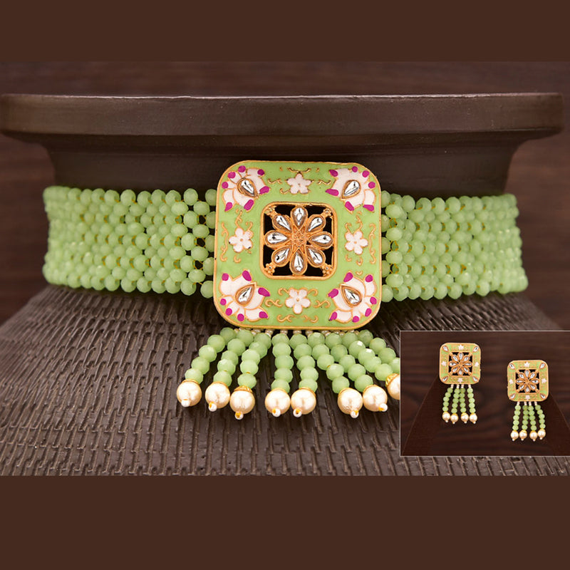 Varso  Gold Plated Kundan Stone & Beads & Meenakari Choker Necklace Set