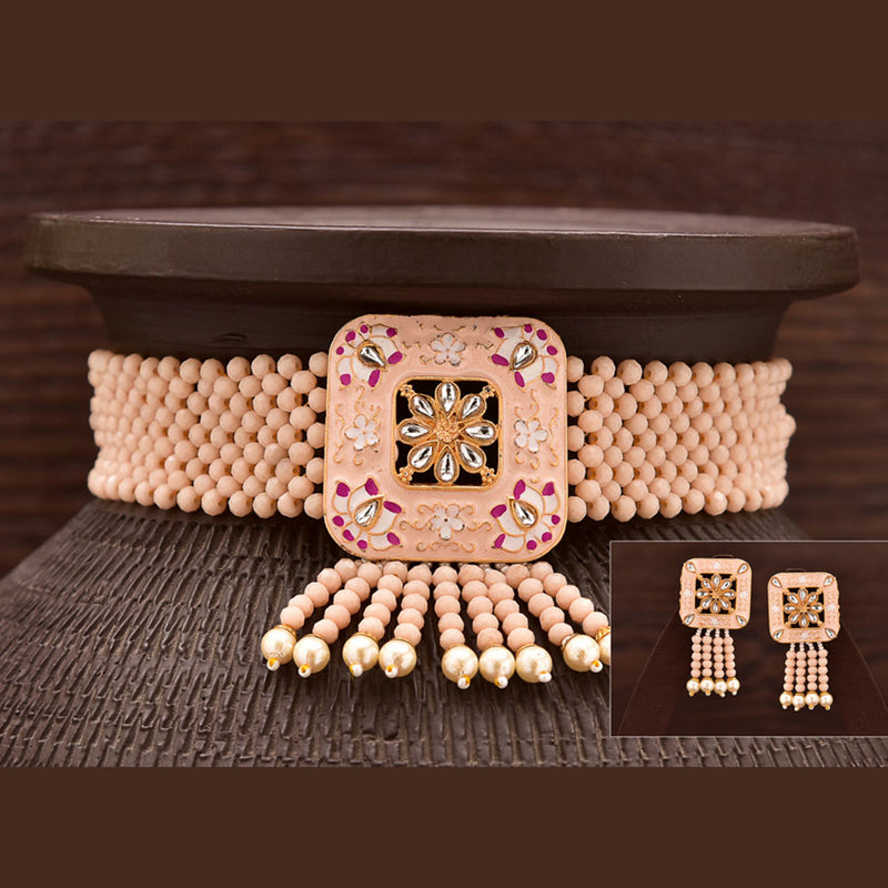 Varso  Gold Plated Kundan Stone & Beads & Meenakari Choker Necklace Set