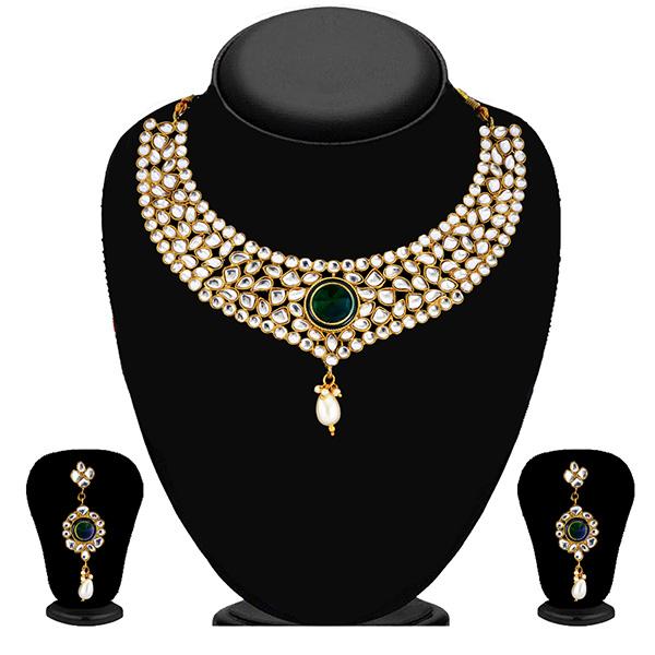 Soha Fashion Green And White Kundan Drop Necklace Set - 2200607