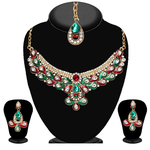Soha Fashion Red Stone Necklace Set With Maang Tikka