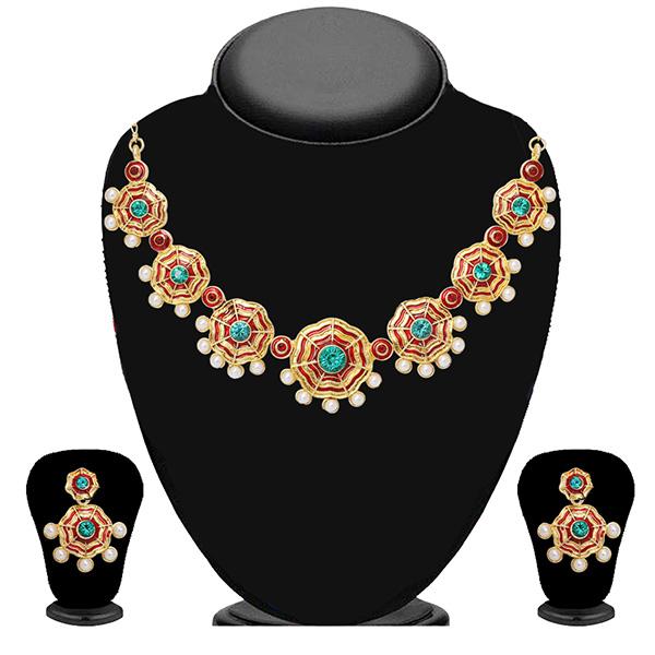 Soha Fashion Green Stone Meenakari Pearl Necklace Set