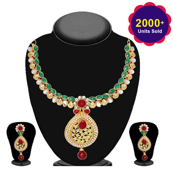 Tip Top Fashions Green Pota Stone Drop Necklace Set - 2202104