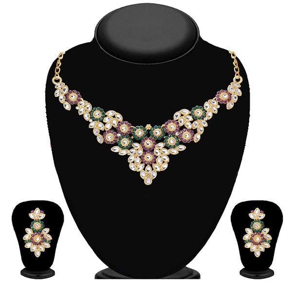 Tip Top Fashions Green And Purple Stone Kundan Necklace Set - 2202108