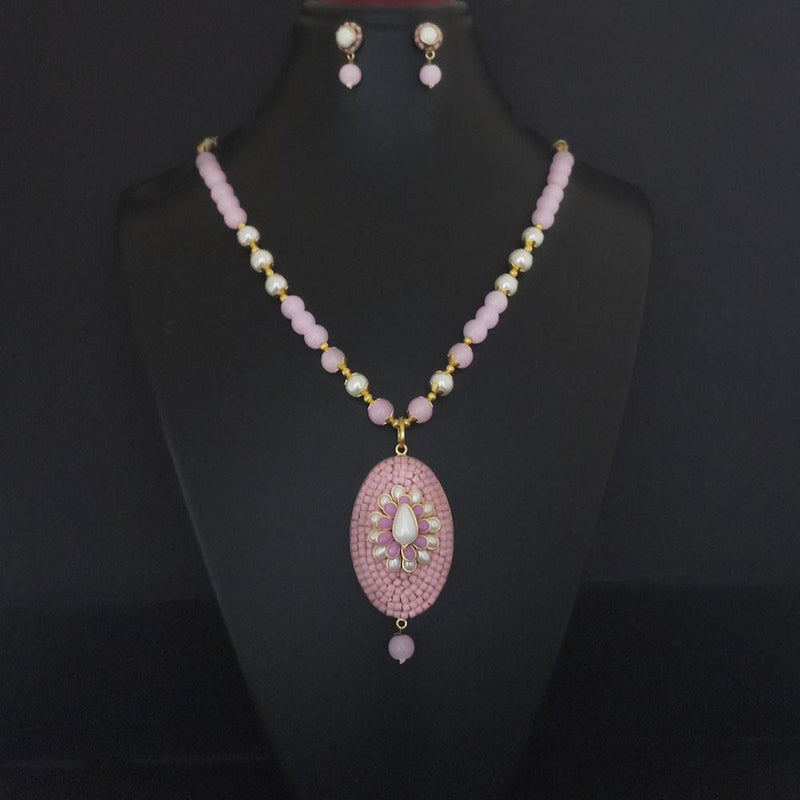 Kriaa Pink Beads And Kundan Gold Plated Necklace Set - 2800326A