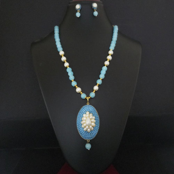 Kriaa Blue Beads And Pearl Gold Plated Necklace Set - 2800326B