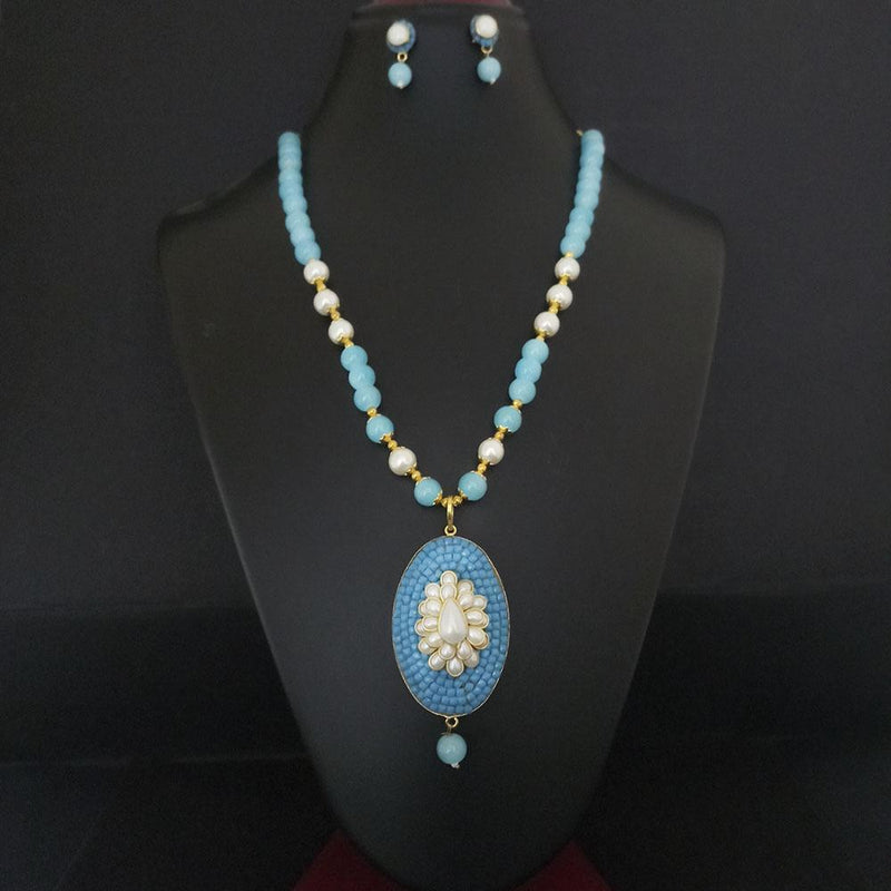 Kriaa Blue Beads And Pearl Gold Plated Necklace Set - 2800326B