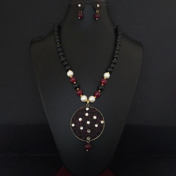 Kriaa Maroon Beads And Kundan Gold Plated Necklace Set - 2800334