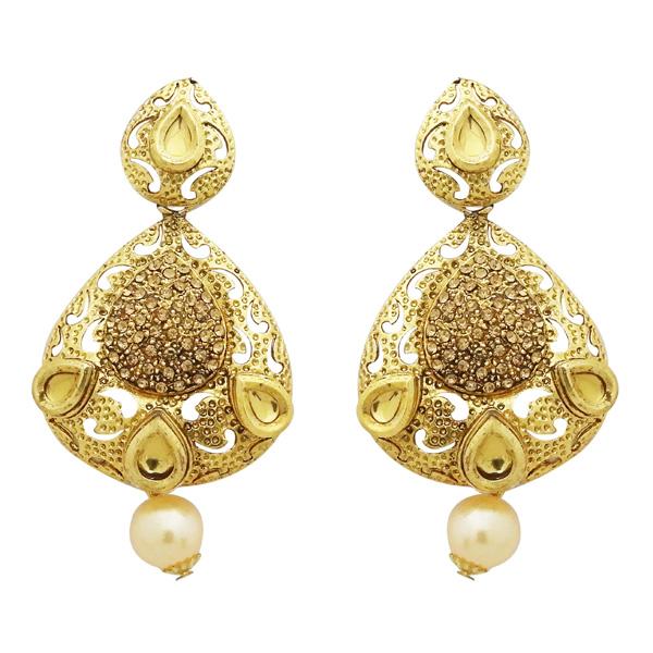 Jheel Brown Stone Gold Plated Pearl Drop Dangler Earrings - 2900229A