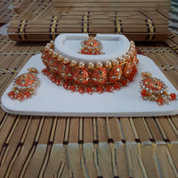 Jinu Arts Kundan & Meenakari Orange Choker Necklace Set With Maangtikka