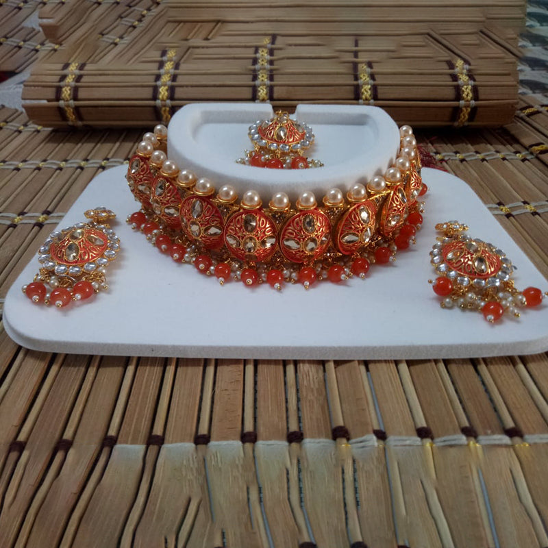 Jinu Arts Kundan & Meenakari Orange Choker Necklace Set With Maangtikka