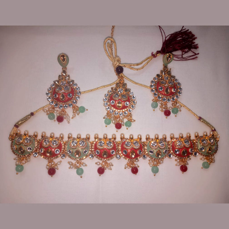 Jinu Arts Kundan & Meenakari Multi Color Necklace Set With Maangtikka