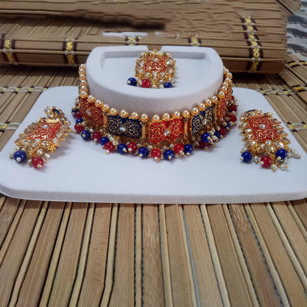 Jinu Arts Kundan & Meenakari Blue & Red Choker Necklace Set With Maangtikka