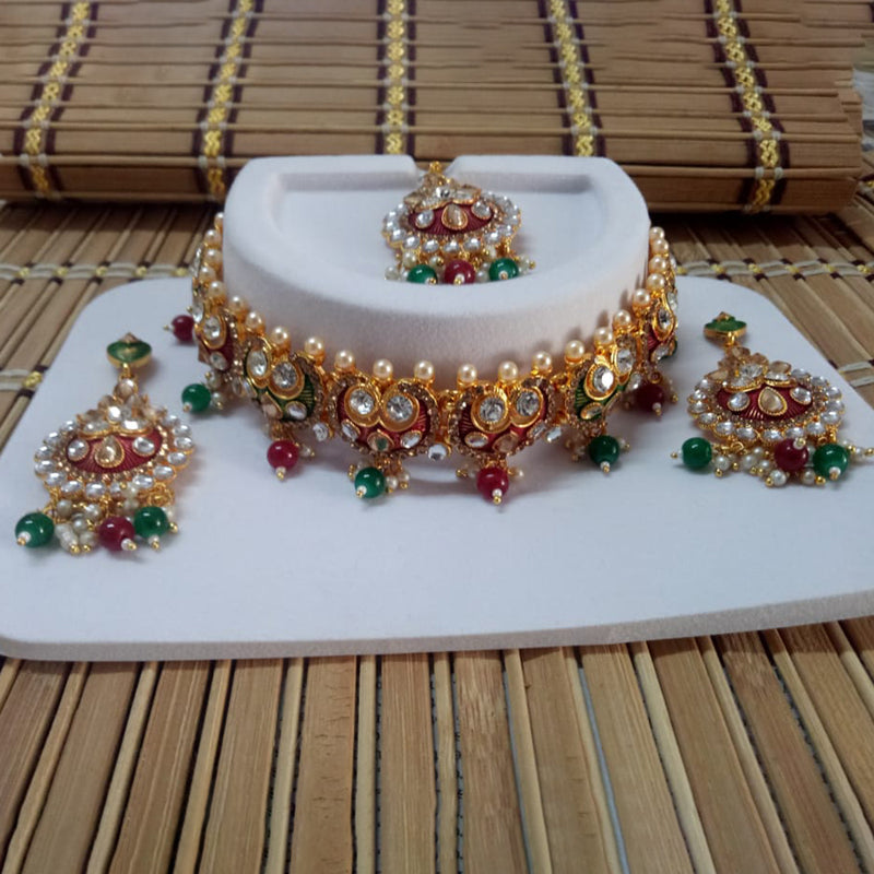 Jinu Arts Maroon & Green Austrian Stone Choker Necklace Set With Maangtikka
