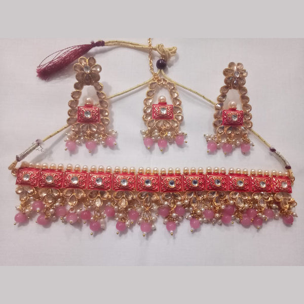 Jinu Arts Pink Meenakari & Kundan Beads Necklace Set With Maangtikka