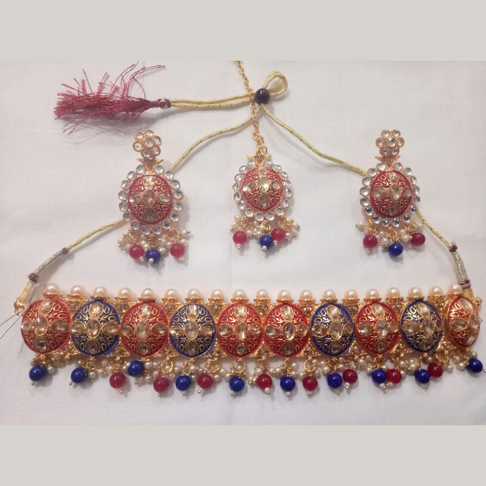 Jinu Arts Kundan & Meenakari Blue & Red Choker Necklace With Maangtikka