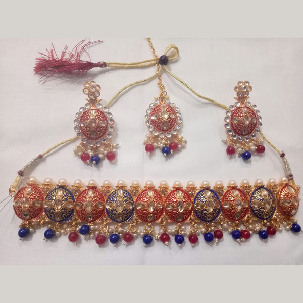 Jinu Arts Kundan & Meenakari Blue & Red Choker Necklace With Maangtikka