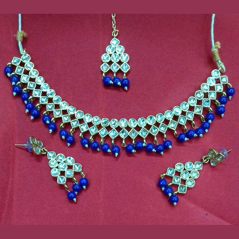 Jinu Arts Kundan Choker Blue Necklace Set With Maangtikka