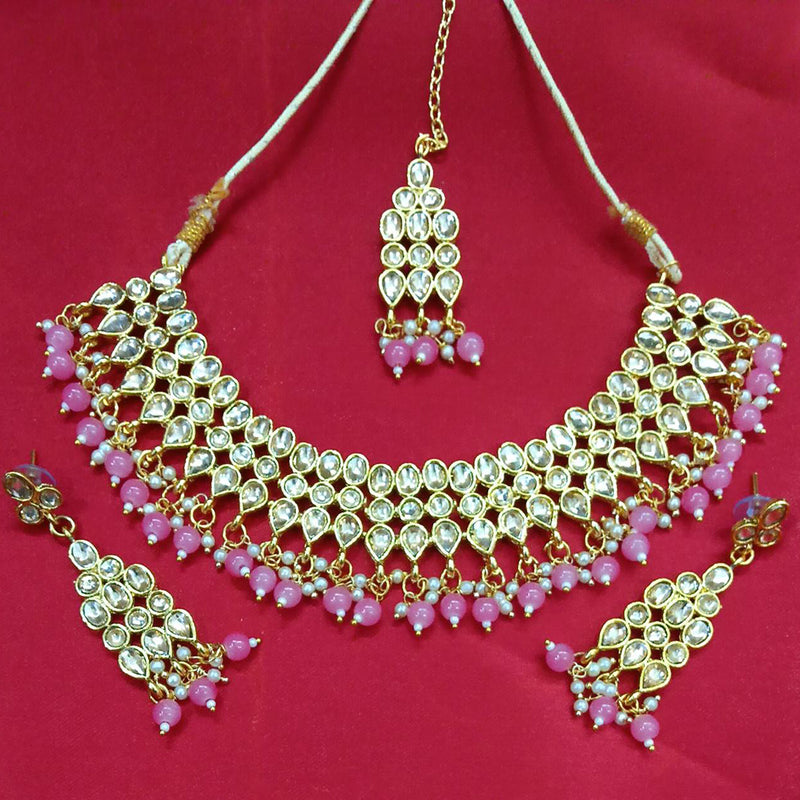 Jinu Arts Kundan Choker Pink Pearls Necklace Set With Maangtikka