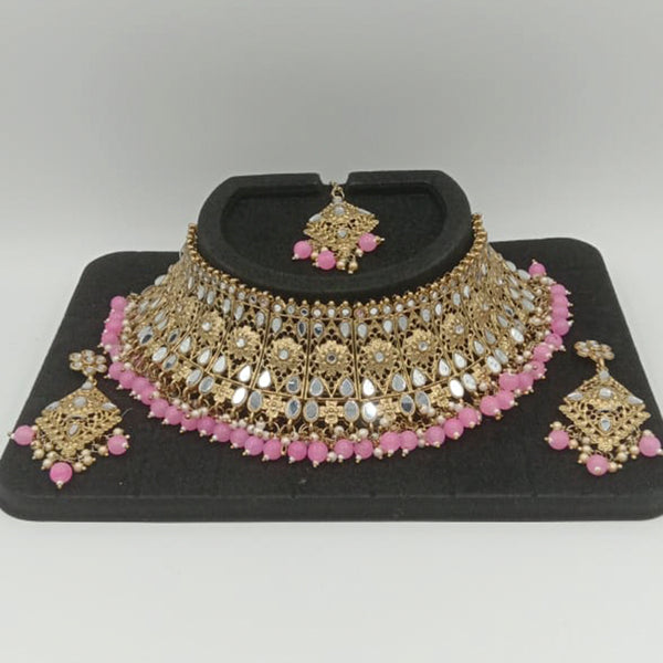 Jinu Arts Gold Plated Pink Beads Mirror Choker Necklace Set