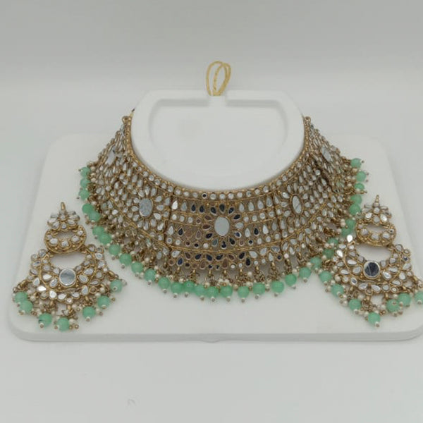 Jinu Arts Gold Plated Green Beads Mirror Choker Necklace Set