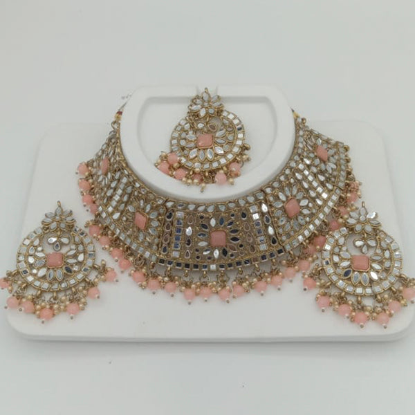 Jinu Arts Gold Plated Peach Beads Mirror Choker Necklace Set