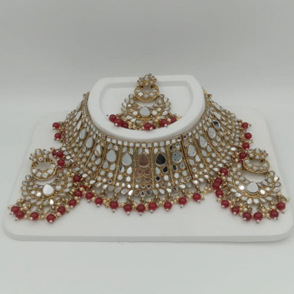 Jinu Arts Gold Plated Maroon Beads Mirror Choker Necklace Set