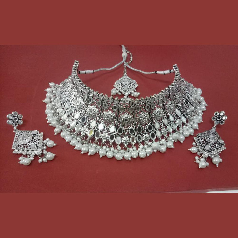 Jinu Arts Silver Plated Austrian Stone Kundan Mirror Choker Necklace SetWith Maangtikka  - 2900329