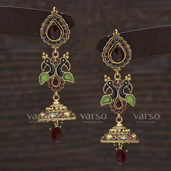 Varso Ruby and Emerald Antique Gold Plated Earring - 311240