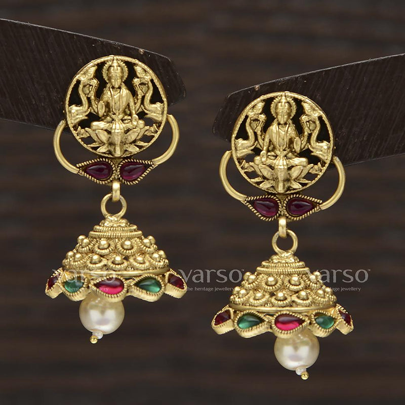 Varso Ruby and Emerald Antique Pearl fitting Gold plated Earring - 312200