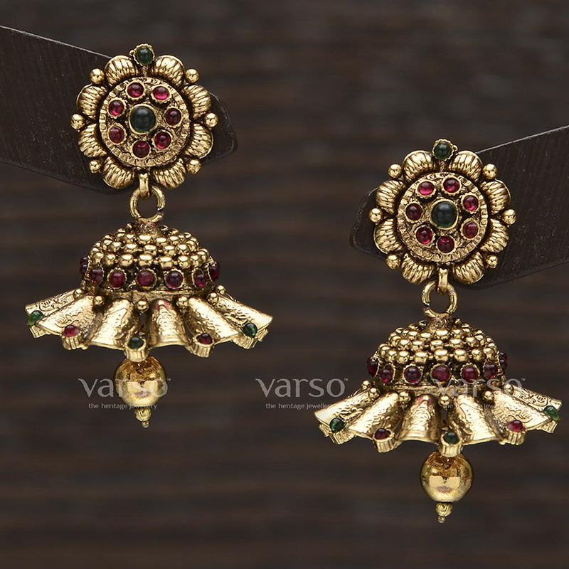 Varso Kempu and Emerald Antique Gold Plated with Ball Fitting Earring - 31302
