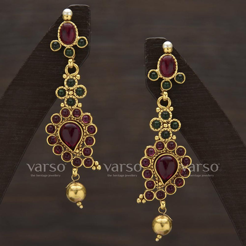Varso Kempu and Emerald Antique Gold Plated with Ball Fitting Earring - 3131