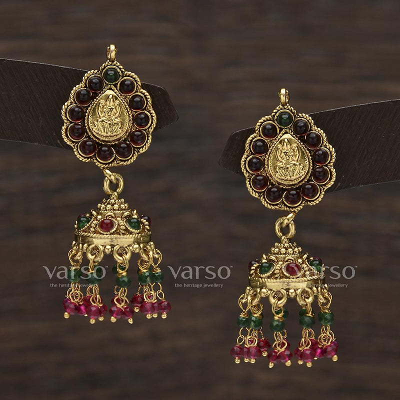Varso Kempu and Emerald Antique Gold Plated with Ruby &Green Fitting Earring - 31459