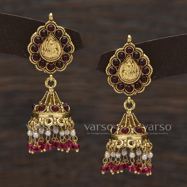 Varso Camp Antique Gold Plated Earring with Ruby and Pearl Fitting Earring - 31461