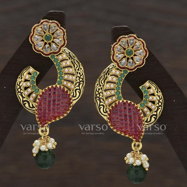 Varso Kempu and Emerald Antique Gold Plated with Pearl Fitting Earring - 31485