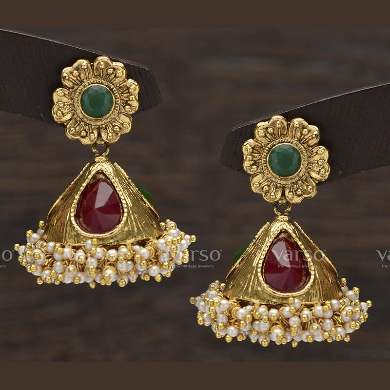 Varso Ruby and Emerald Antique Gold Plated with Pearl fitting Earring - 31650