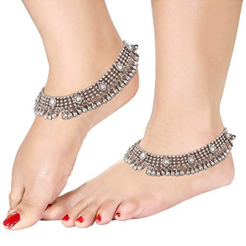 Etnico Traditional Oxidized Silver ghungroo Anklet for Girls & Women (A021S)
