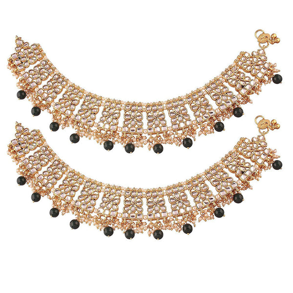 Etnico Gold Plated Kundan & pearl Studded Adjustable Bridal Anklets/Payal For Women/Girls (A022G)