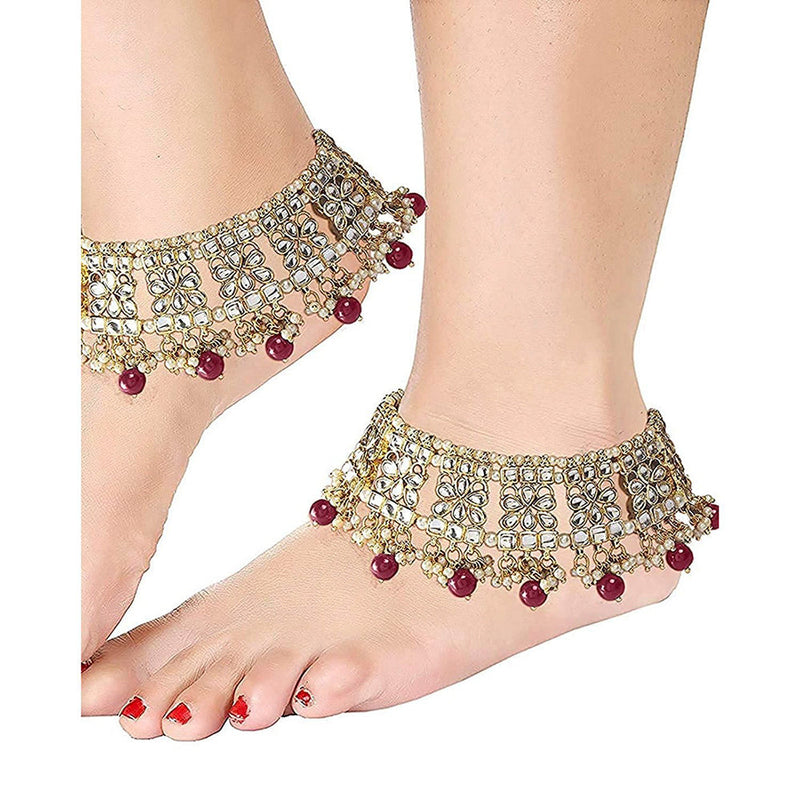 Etnico Gold Plated Kundan & pearl Studded Adjustable Bridal Anklets/Payal For Women/Girls (A022M)
