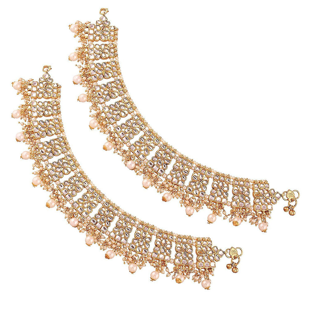 Etnico Gold Plated Kundan & pearl Studded Adjustable Bridal Anklets/Payal For Women/Girls (A022W)