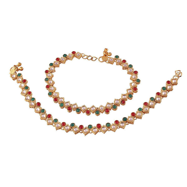 Etnico Gold Plated Kundan & pearl Studded Adjustable Bridal Anklets/Payal For Women/Girls (A023MG)