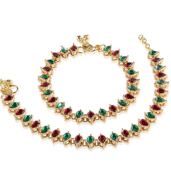 Etnico Gold Plated Kundan & pearl Studded Adjustable Bridal Anklets/Payal For Women/Girls (A029MG)