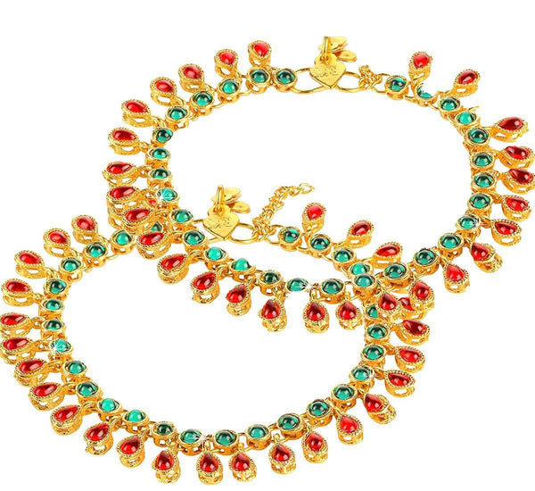 Etnico Gold Plated Kundan & pearl Studded Adjustable Bridal Anklets/Payal For Women/Girls (A031MG)