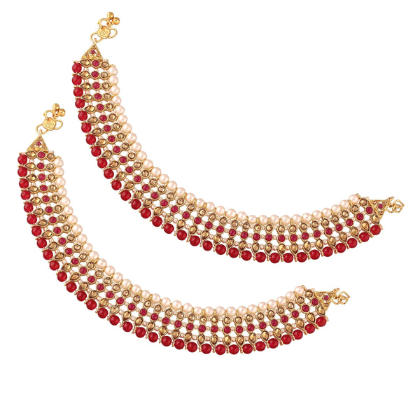 Etnico Gold Plated Kundan & pearl Studded Adjustable Bridal Anklets/Payal For Women/Girls (A034Q)