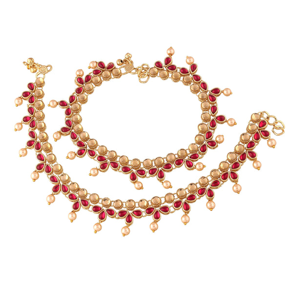 Etnico Gold Plated Kundan & pearl Studded Adjustable Bridal Anklets/Payal For Women/Girls (A036Q)