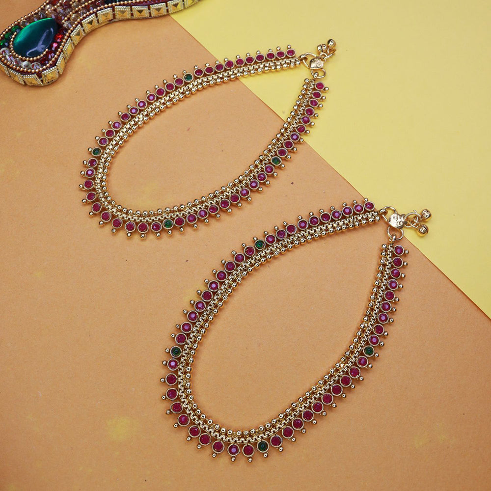 Etnico Gold Plated Traditional Stone Studded Adjustable Anklets/Payal For Girls & Women (A051MG)