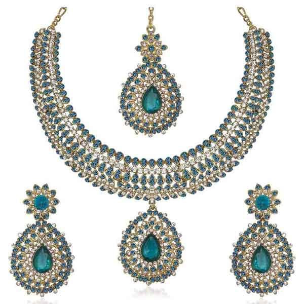 Kriaa Gold Plated Austrian Stone Necklace Set With Maang Tikka - 1105304